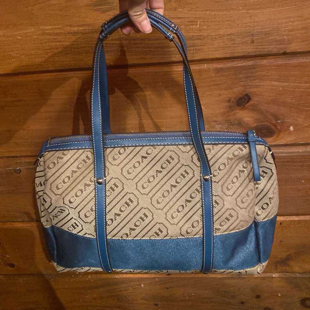 1990s Coach Signature Handbag Brown Blue Logenze Logo Satchel Shoulder Bag